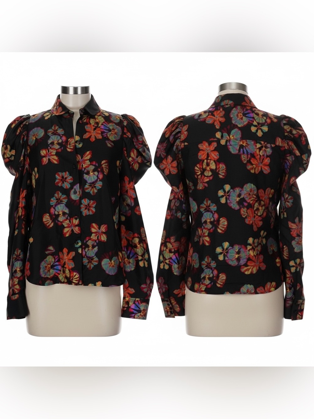 Ulla Johnson Black 100% Silk Puff Sleeve Blouse Botanical Floral Print Size 6 - Picture 5 of 10